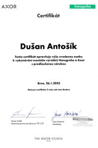 Certifkát k vykonávaniu montáže výrobkov Hansgrohe a Axor s predĺženou zárukou